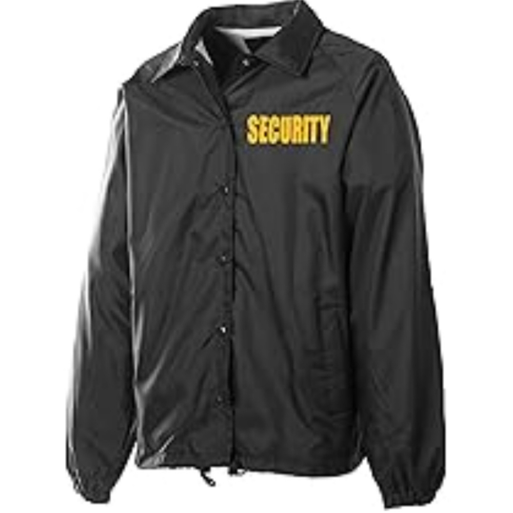 SECURITY black long sleeve windbreaker snap front pockets Lg. Concert Clubs